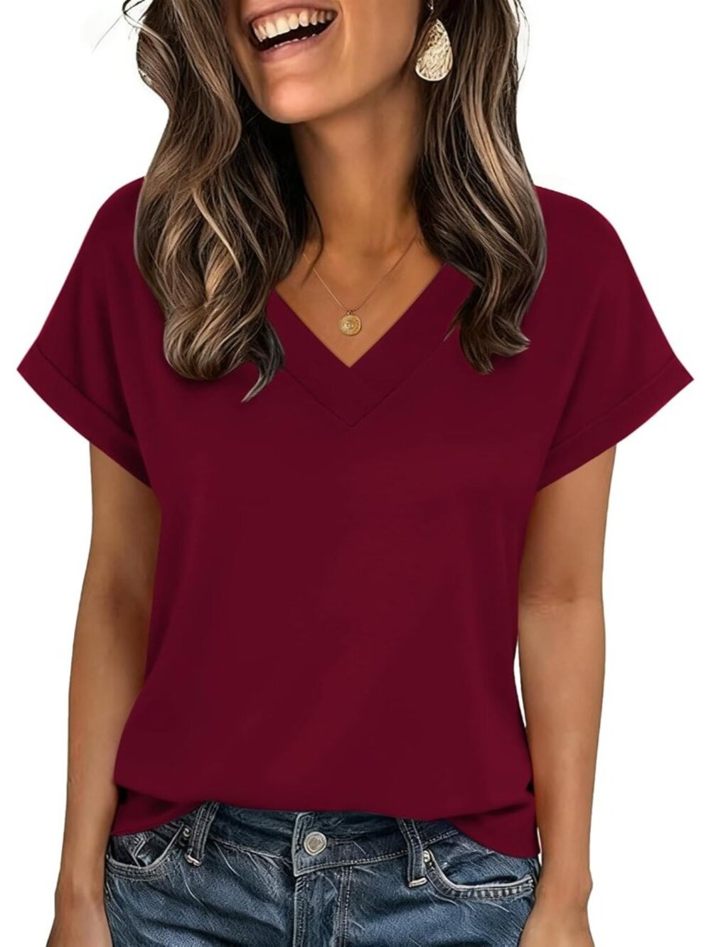 Women's Wine Red Short Sleeve V Neck Basic Tees Shirts Casual Tops Blouses